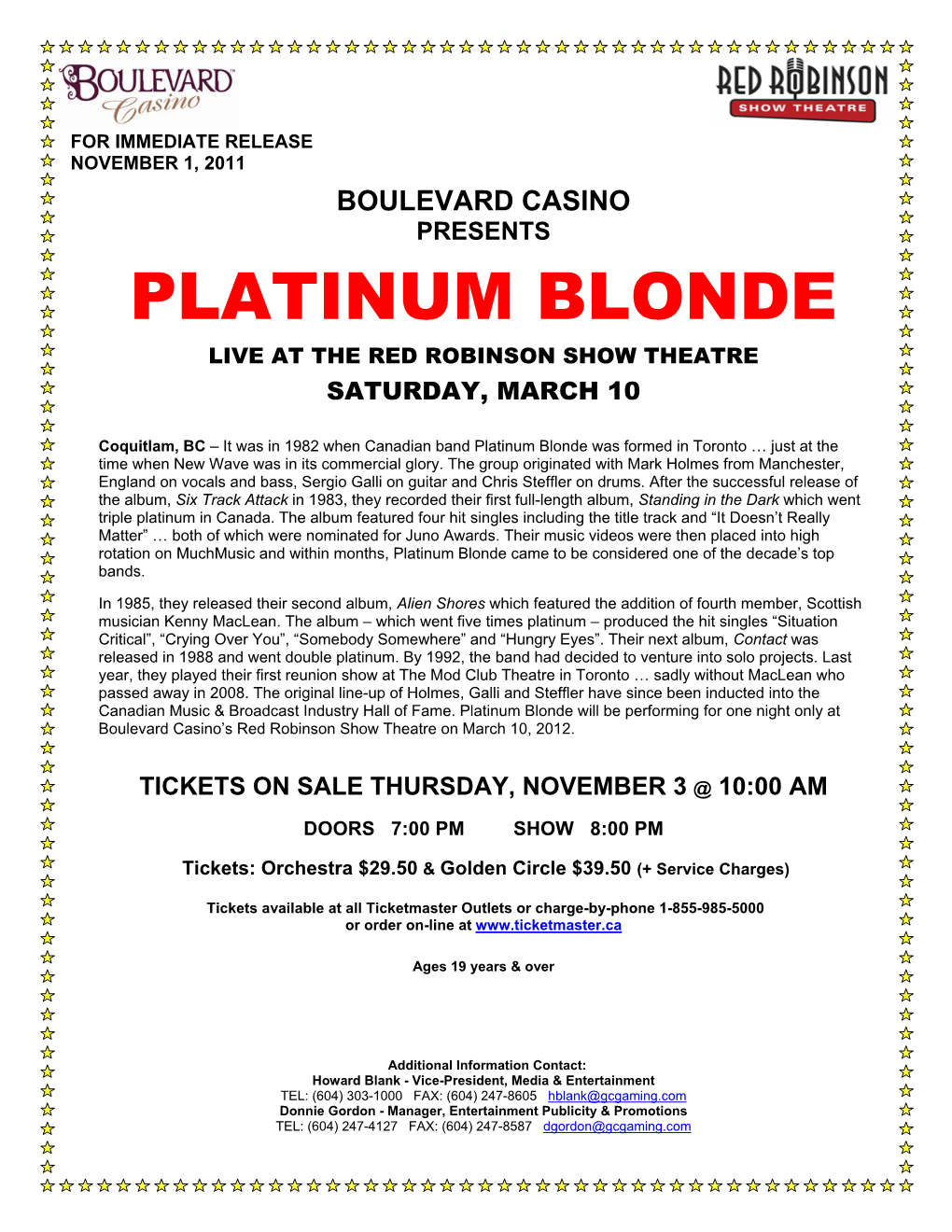 Platinum Blonde Live at the Red Robinson Show Theatre