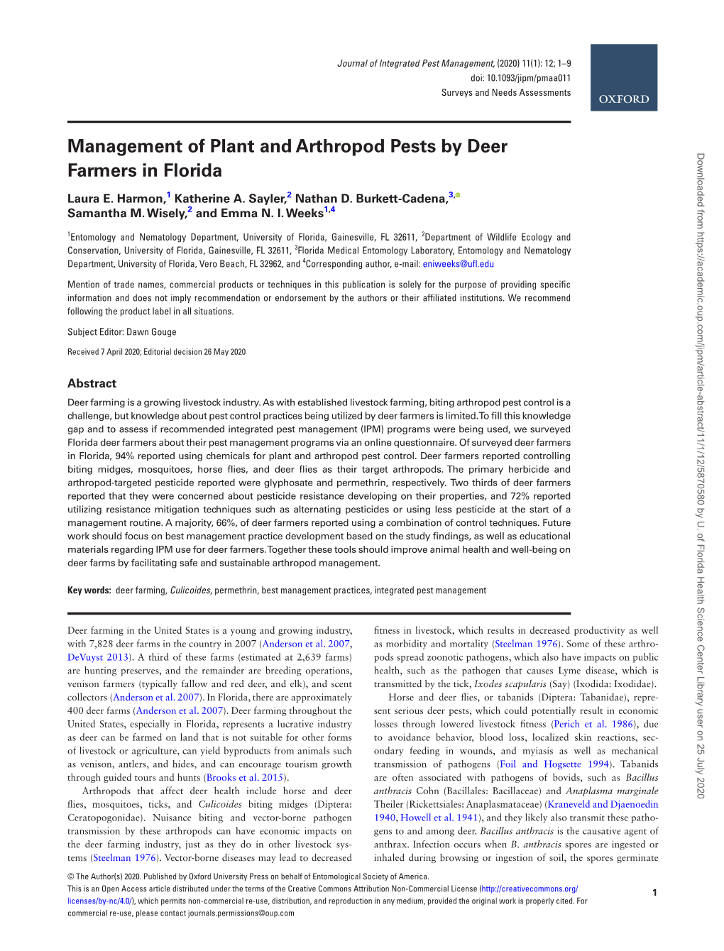 Management of Plant and Arthropod Pests by Deer Farmers in Florida