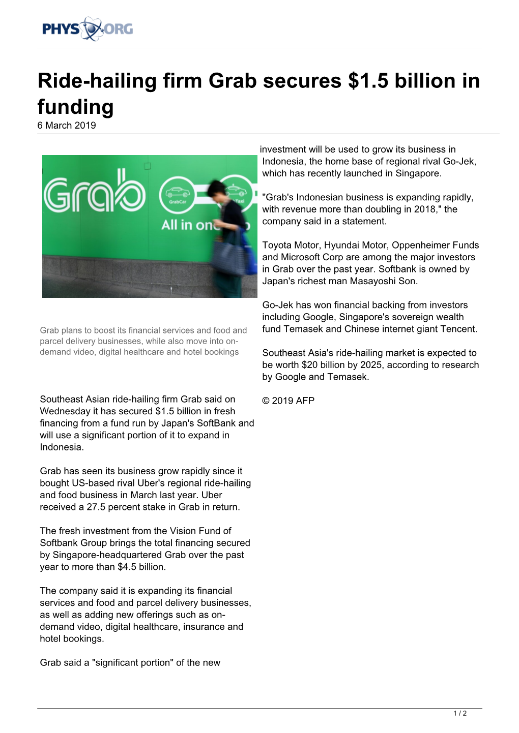 Ride-Hailing Firm Grab Secures $1.5 Billion in Funding 6 March 2019