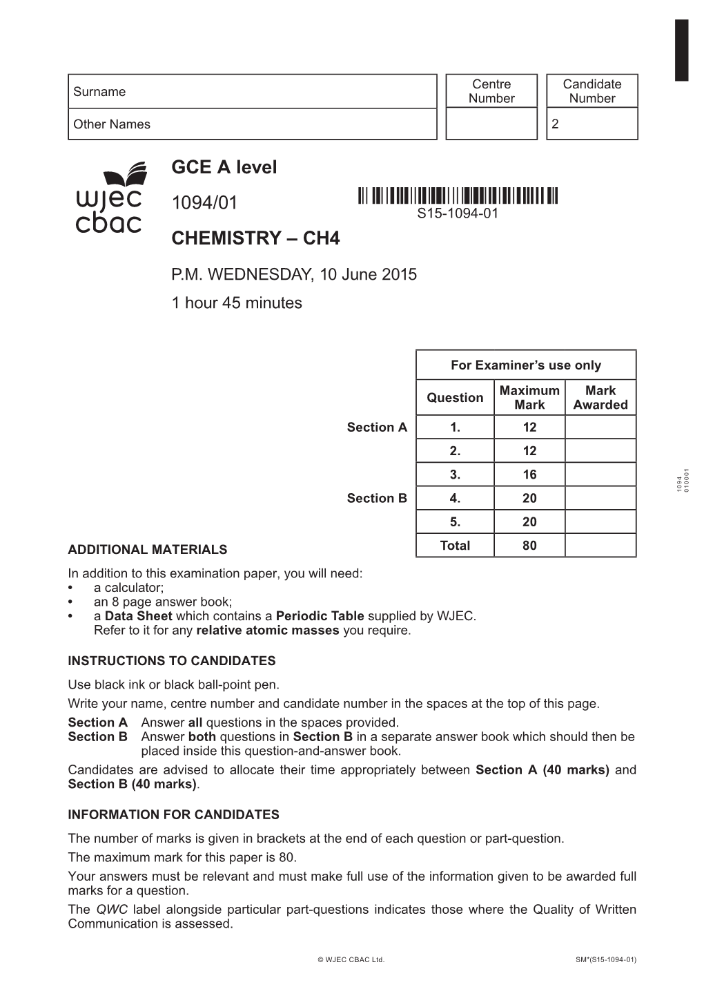 GCE a Level 1094/01 CHEMISTRY –