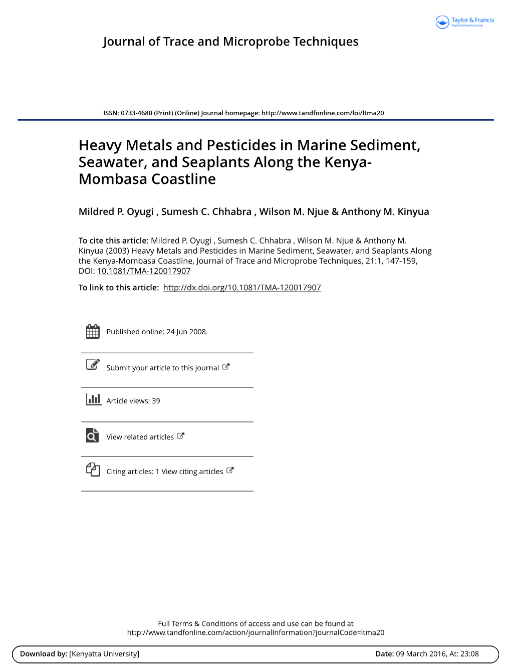 Heavy Metals and Pesticides in Marine Sediment, Seawater, and Seaplants Along the Kenya- Mombasa Coastline