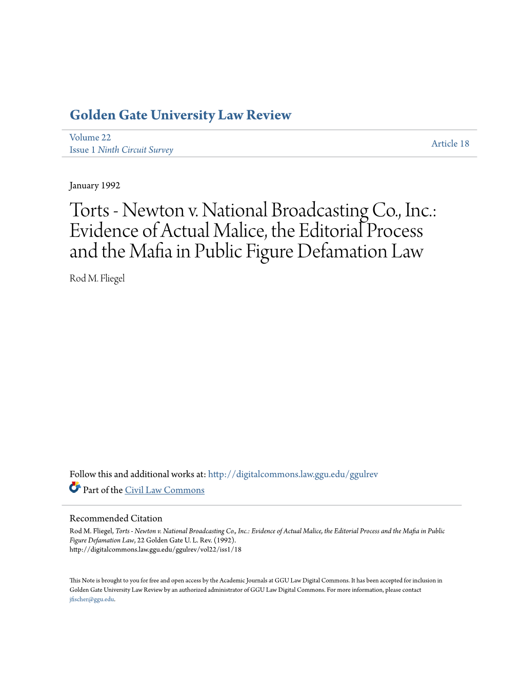 Newton V. National Broadcasting Co., Inc.: Evidence of Actual Malice, the Editorial Process and the Mafia in Public Figure Defamation Law Rod M