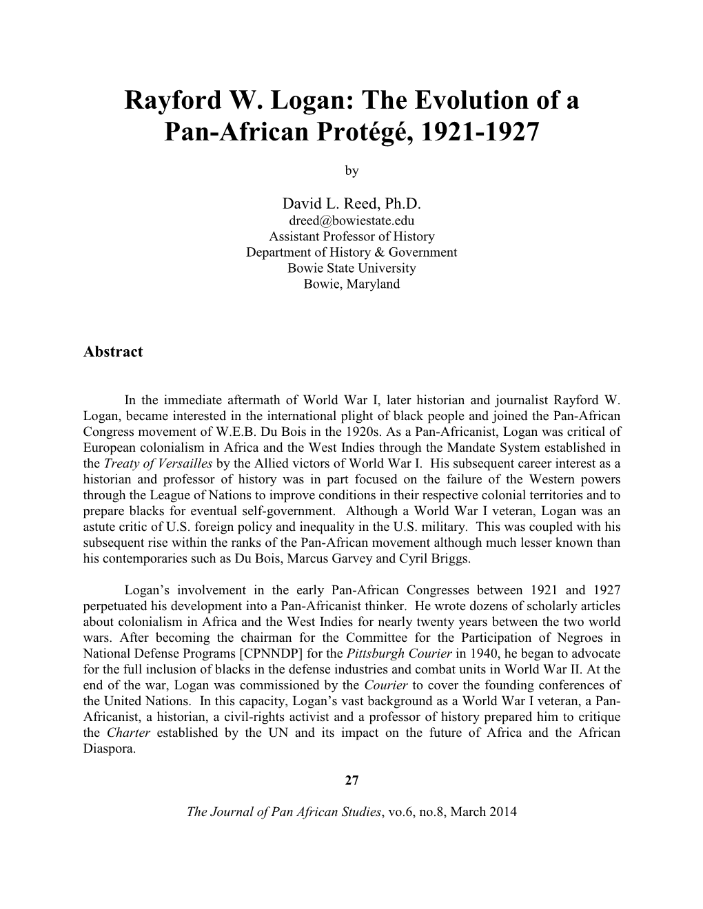 Rayford W. Logan: the Evolution of a Pan-African Protégé, 1921-1927