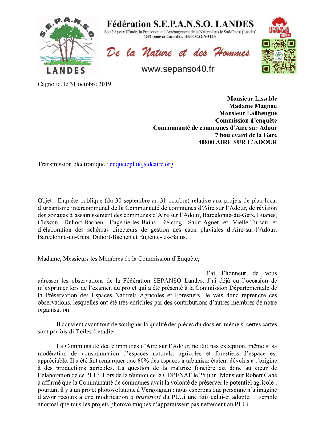 Cagnotte, Le 31 Octobre 2019 Monsieur Lissalde Madame Magnou Monsieur Lailheugue Commission D'enquête Communauté De Communes