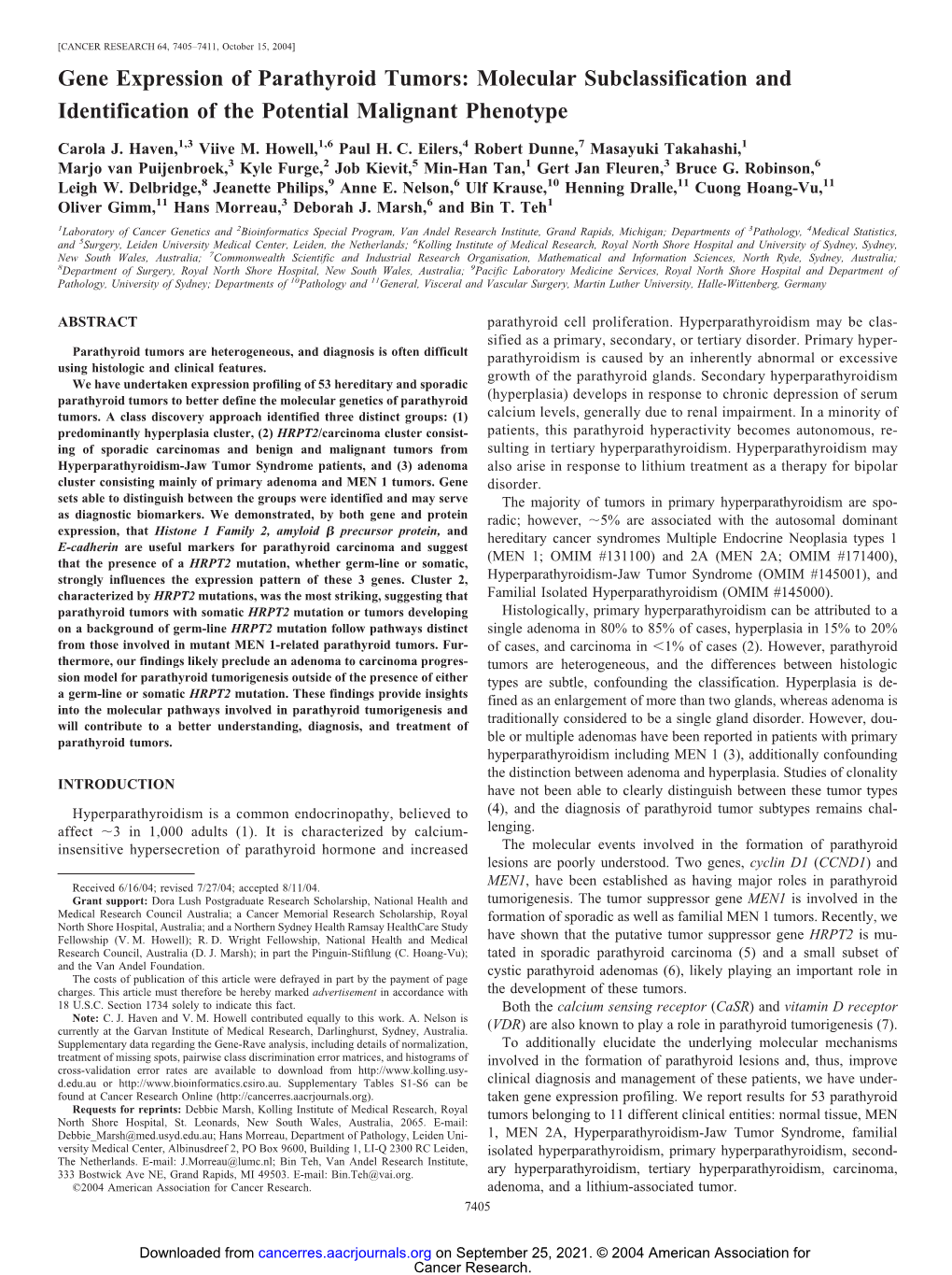 Gene Expression of Parathyroid Tumors: Molecular Subclassification and Identification of the Potential Malignant Phenotype