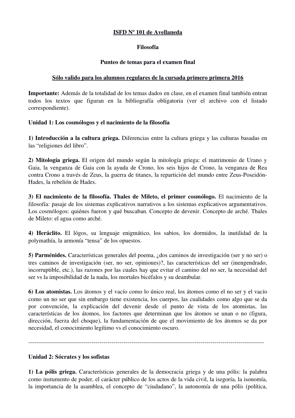 ISFD Nº 101 De Avellaneda Filosofía Punteo De Temas Para El Examen