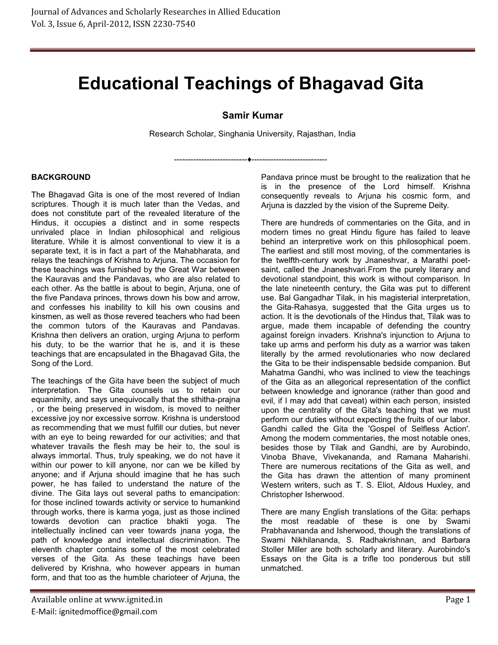 Educational Teachings of Bhagavad Gita