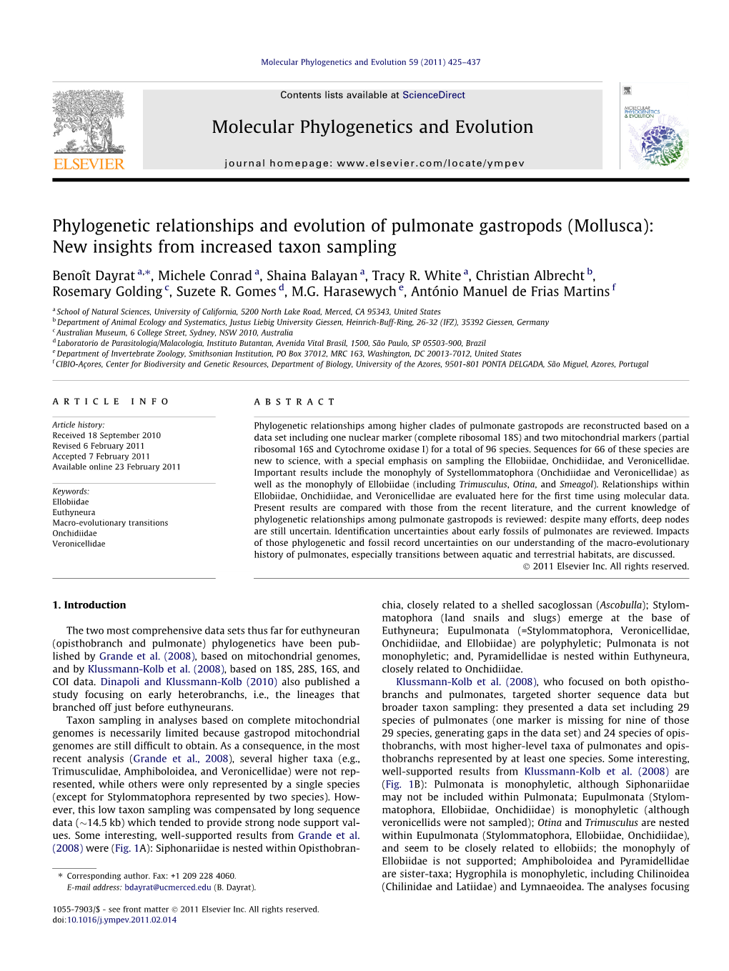 Phylogenetic Relationships and Evolution of Pulmonate Gastropods (Mollusca): New Insights from Increased Taxon Sampling