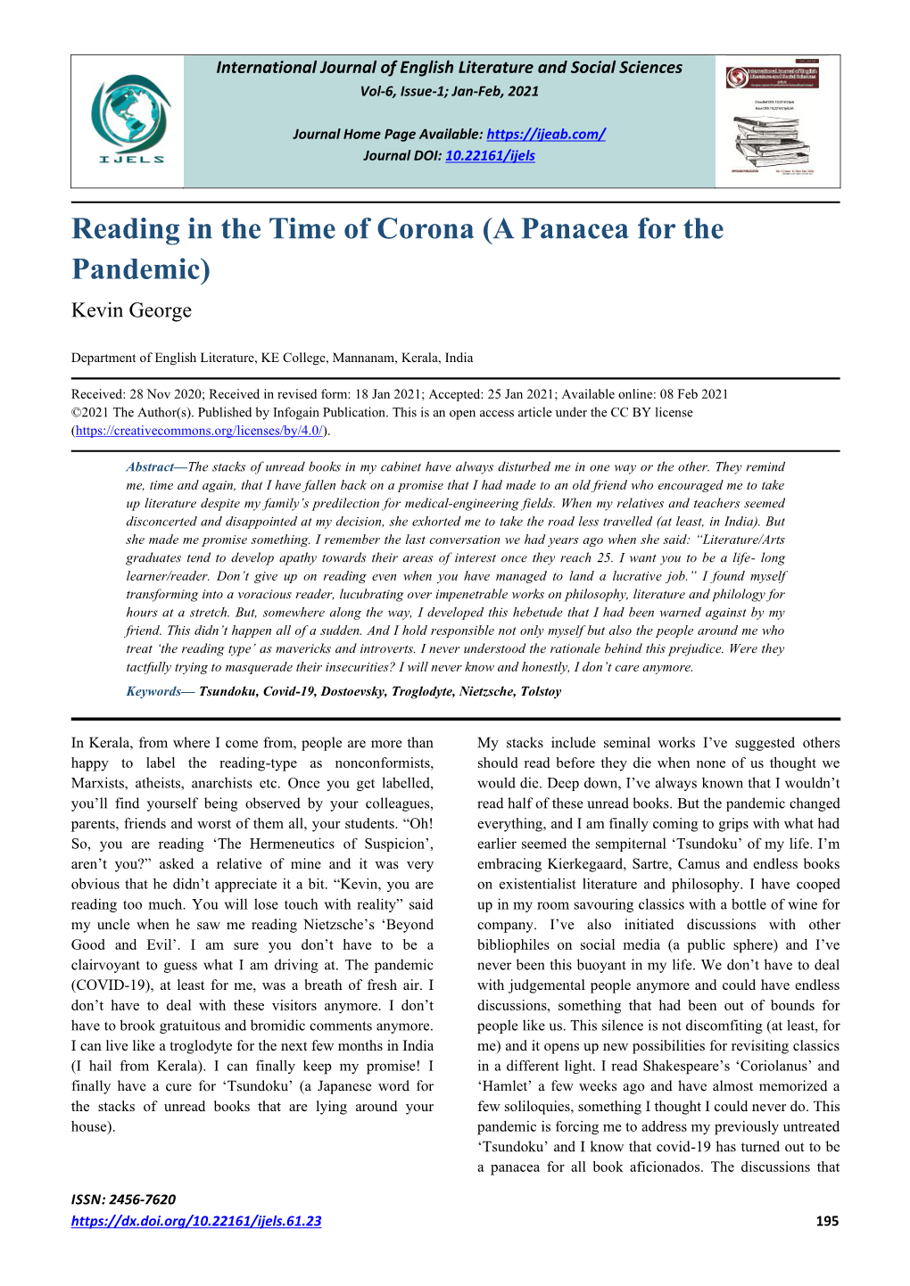 Reading in the Time of Corona (A Panacea for the Pandemic) Kevin George