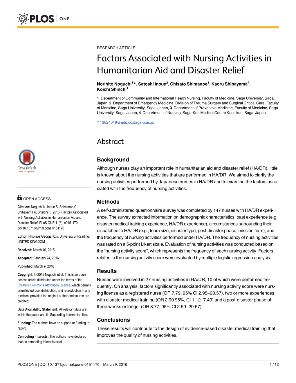 Factors Associated with Nursing Activities in Humanitarian Aid and Disaster Relief