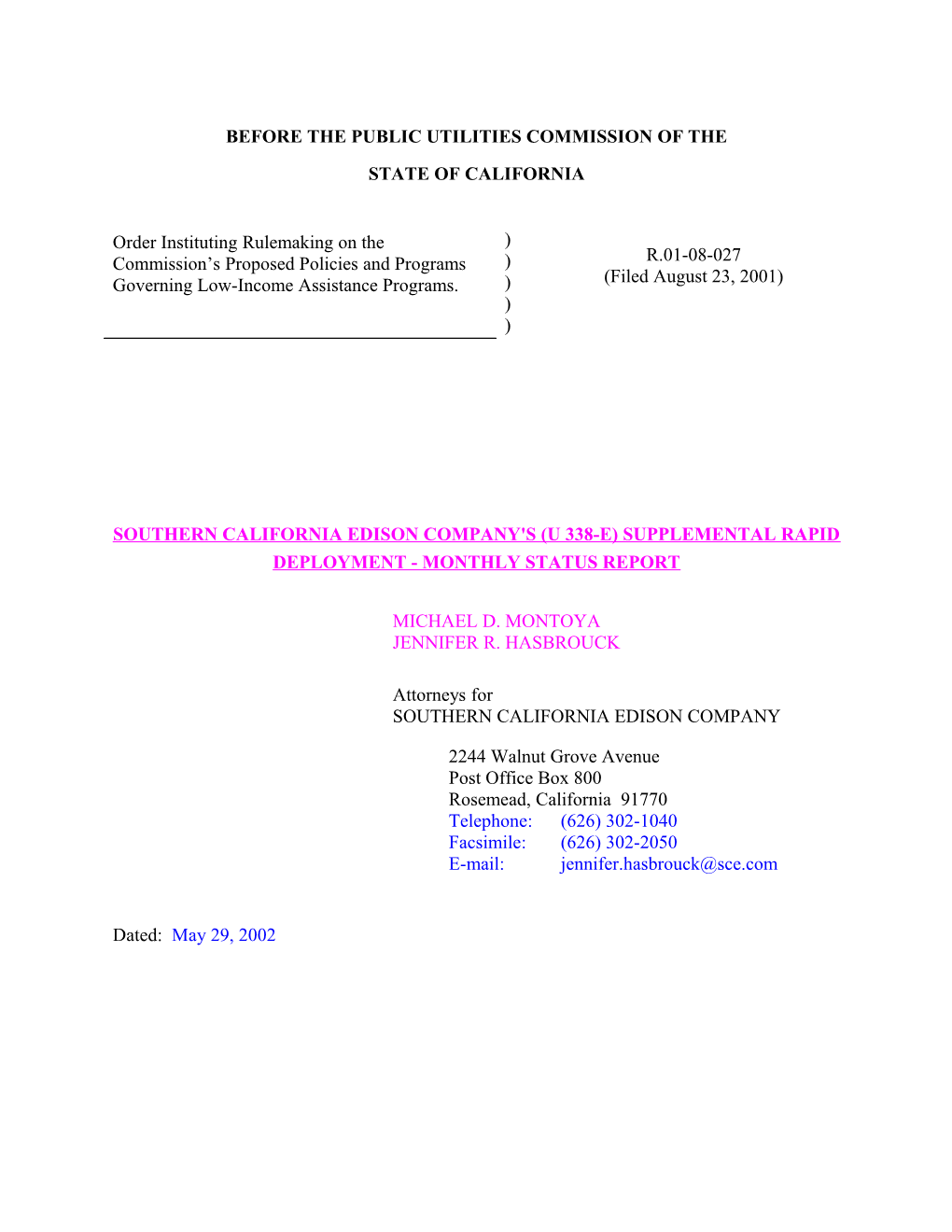 Southern California Edison Company's (U 338-E) SUPPLEMENTAL Rapid Deployment - MONTHLY