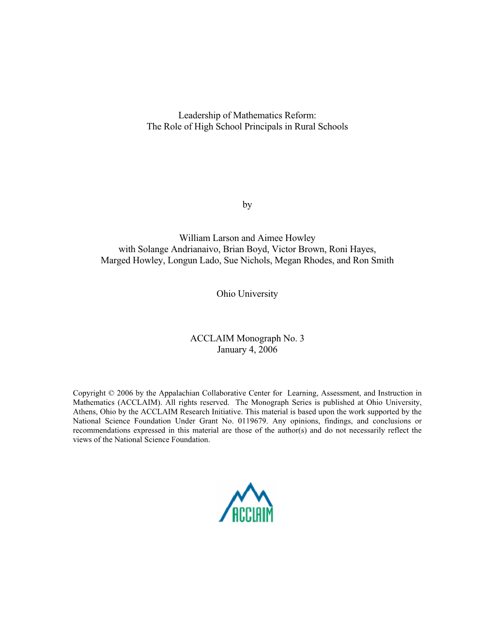 Leadership of Mathematics Reform: the Role of High School Principals in Rural Schools