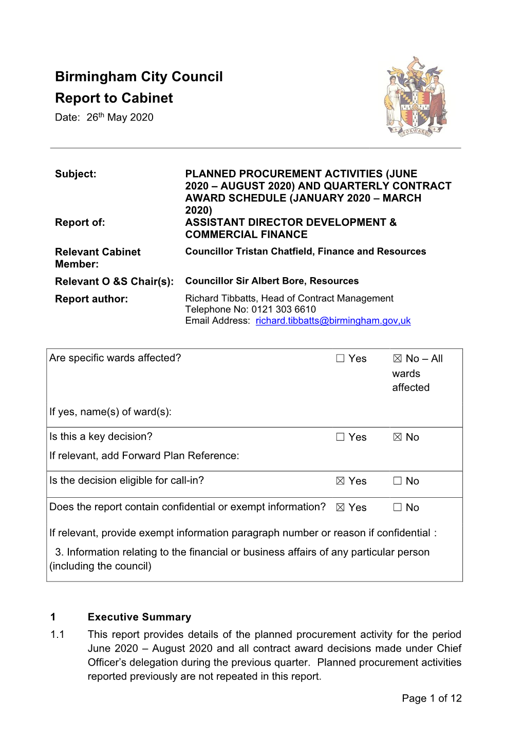 Birmingham City Council Report to Cabinet Date: 26Th May 2020