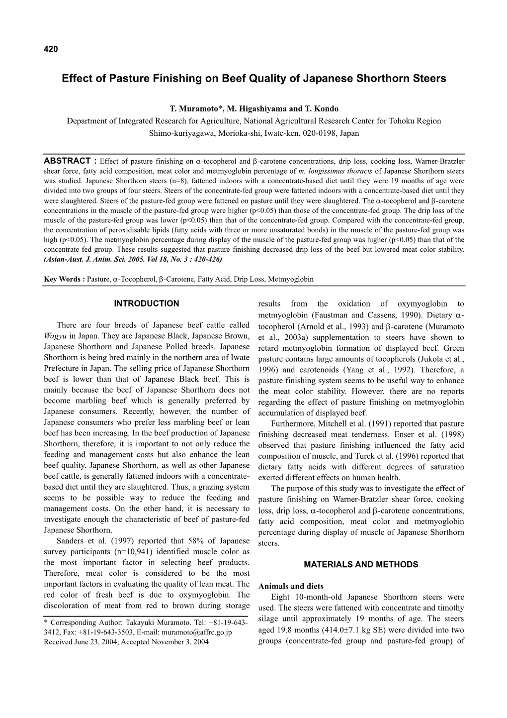 Effect of Pasture Finishing on Beef Quality of Japanese Shorthorn Steers