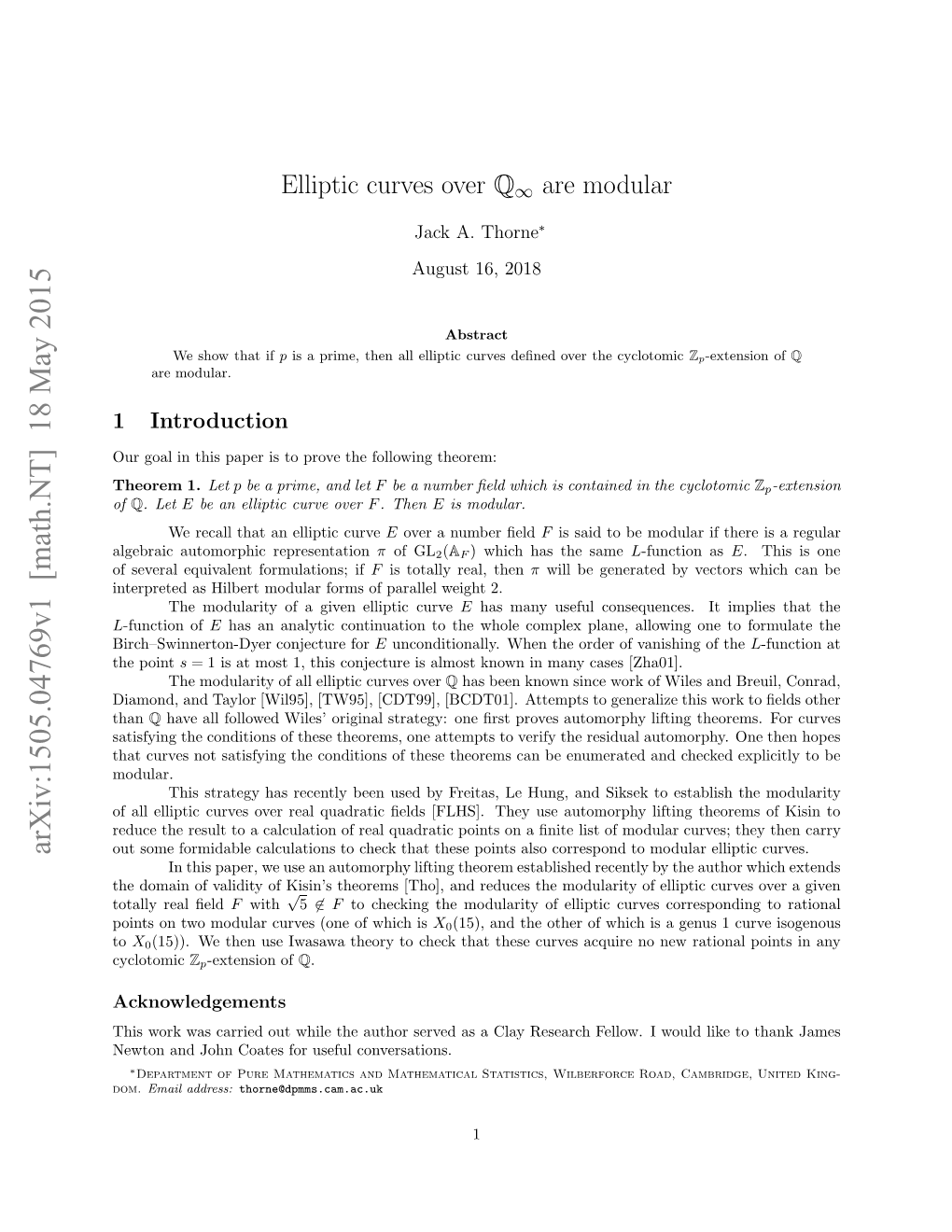 Elliptic Curves Over $\Mathbb {Q} \Infty $ Are Modular