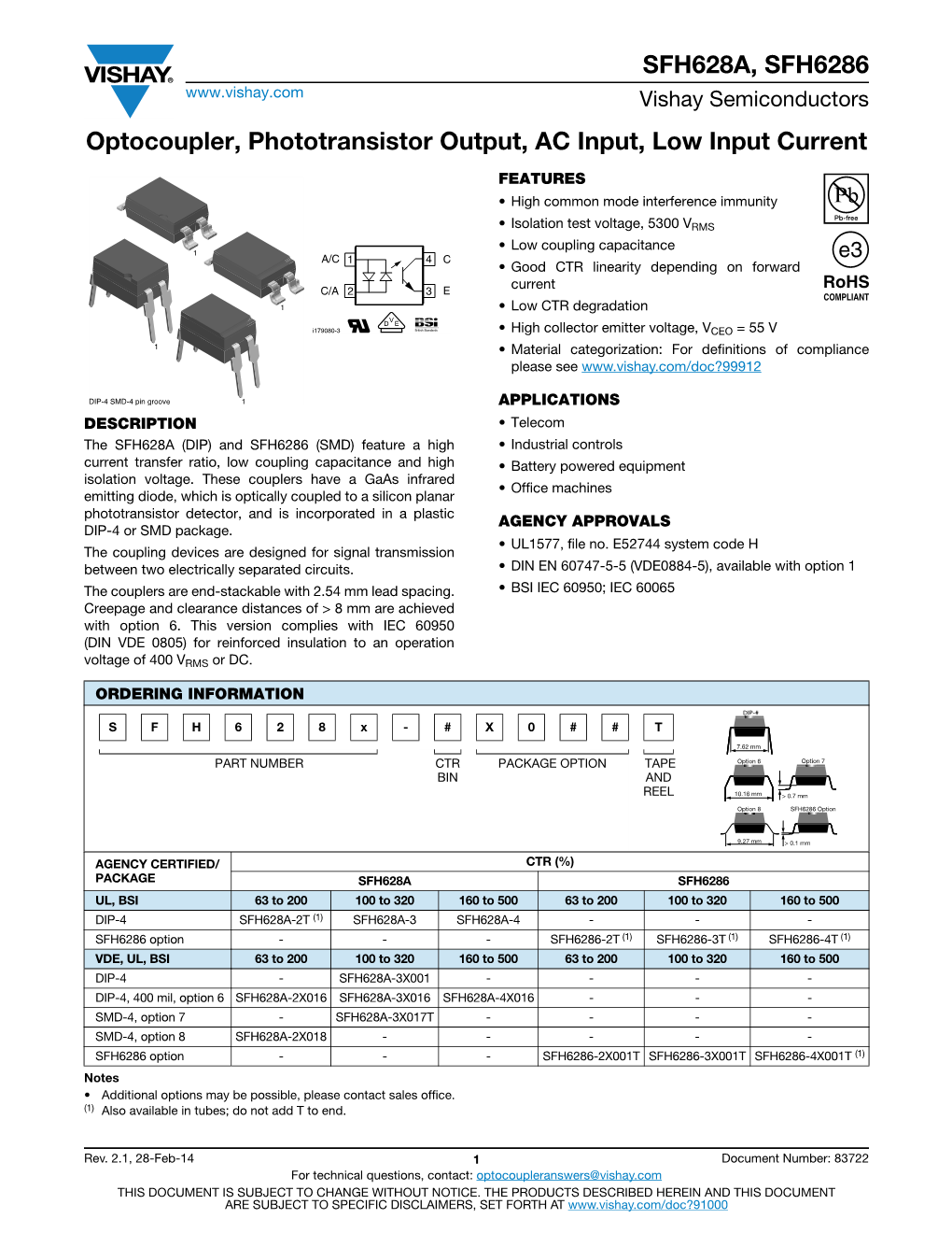 SFH628A, SFH6286 Optocoupler, Phototransistor Output, AC Input