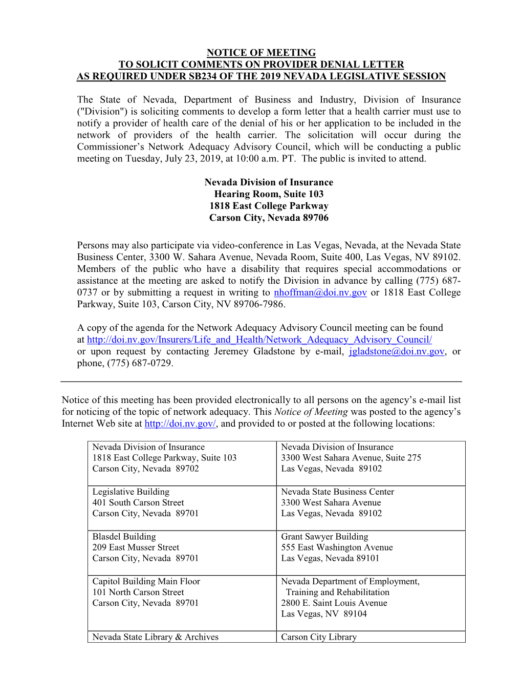 Notice of Meeting to Solicit Comments on Provider Denial Letter As Required Under Sb234 of the 2019 Nevada Legislative Session