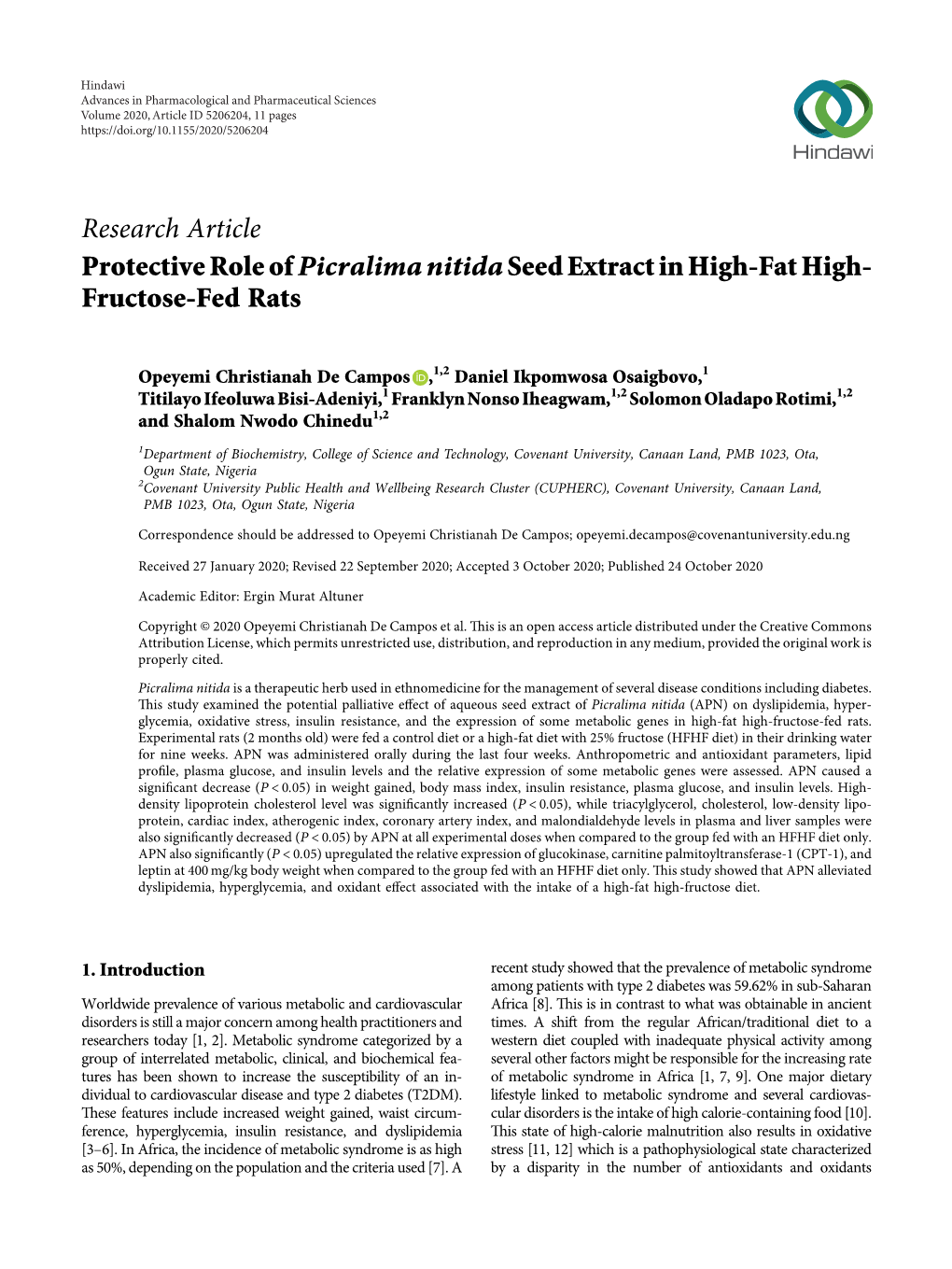 Protective Role Ofpicralima Nitidaseed Extract in High-Fat High-Fructose