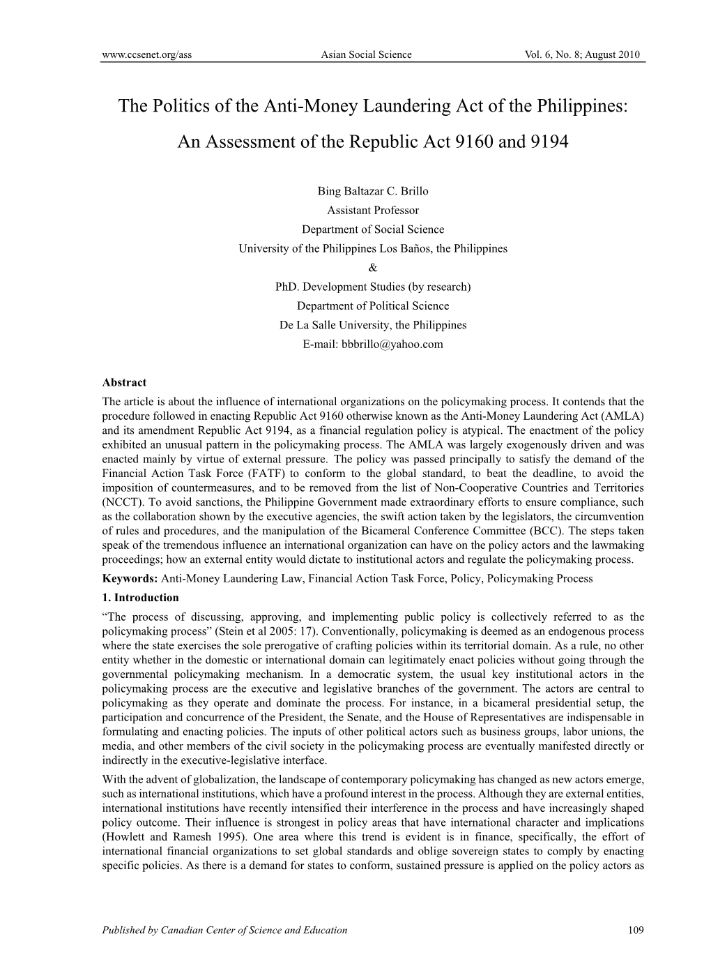 The Politics of the Anti-Money Laundering Act of the Philippines: an Assessment of the Republic Act 9160 and 9194