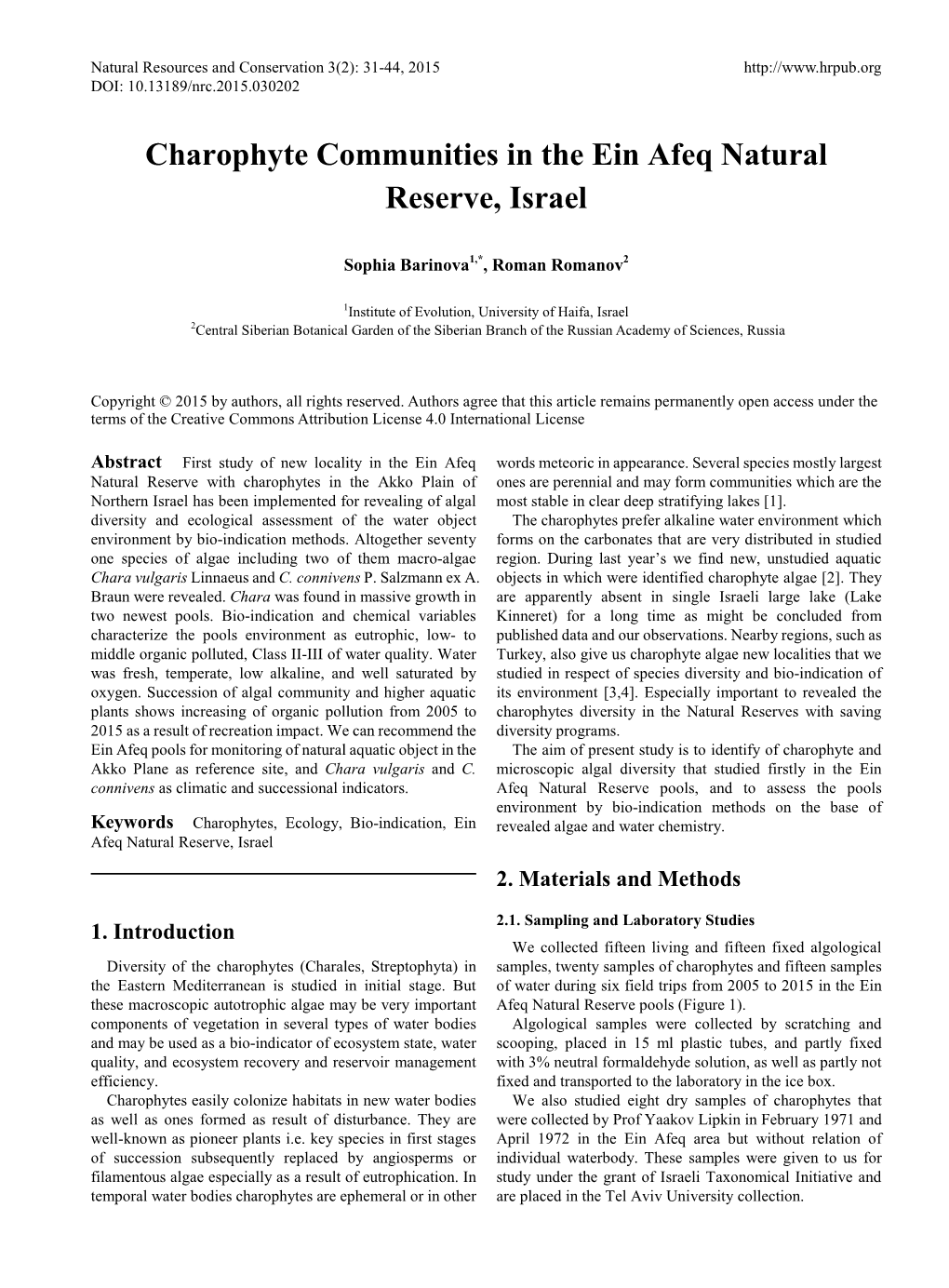 Charophyte Communities in the Ein Afeq Natural Reserve, Israel