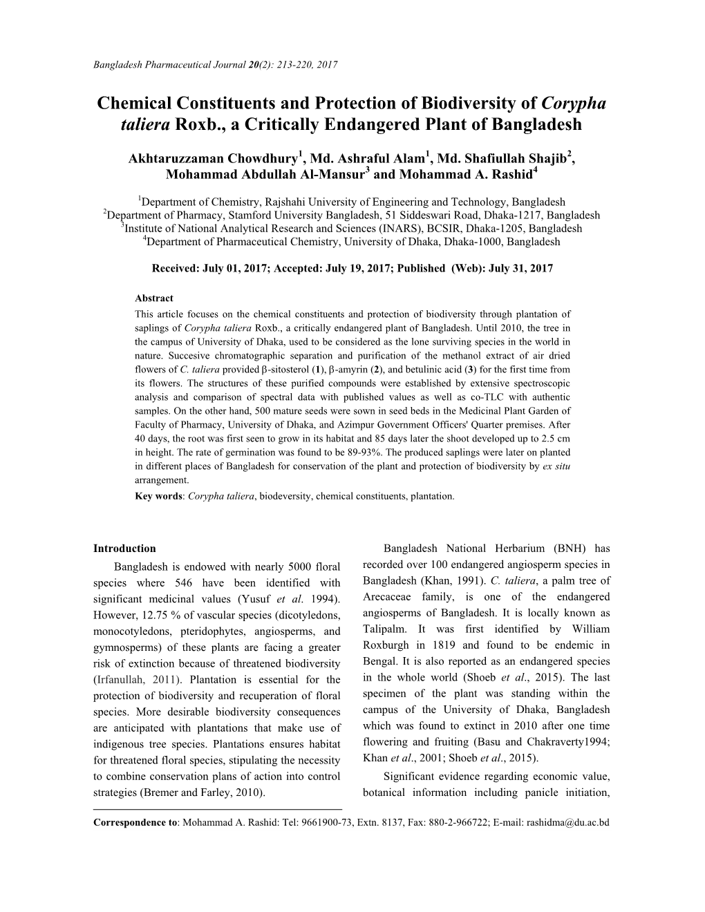 Chemical Constituents and Protection of Biodiversity of Corypha Taliera Roxb., a Critically Endangered Plant of Bangladesh