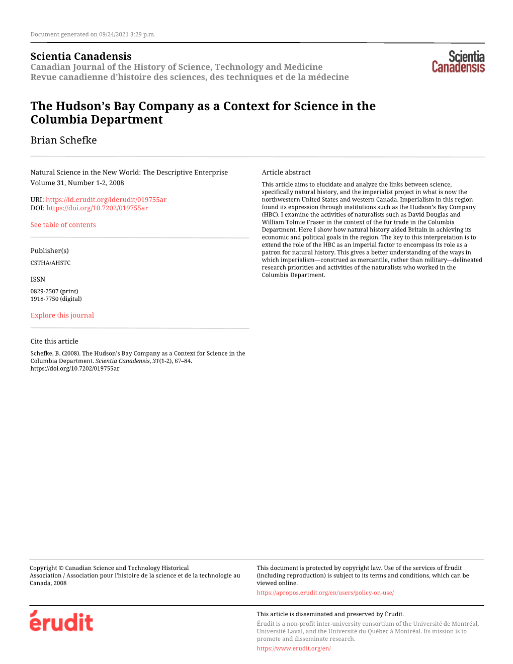 The Hudson's Bay Company As a Context for Science in the Columbia