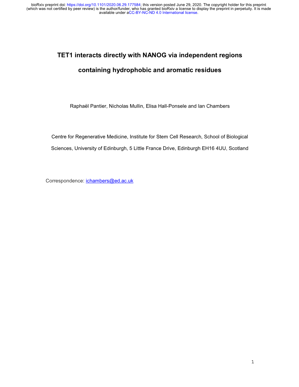 TET1 Interacts Directly with NANOG Via Independent Regions Containing