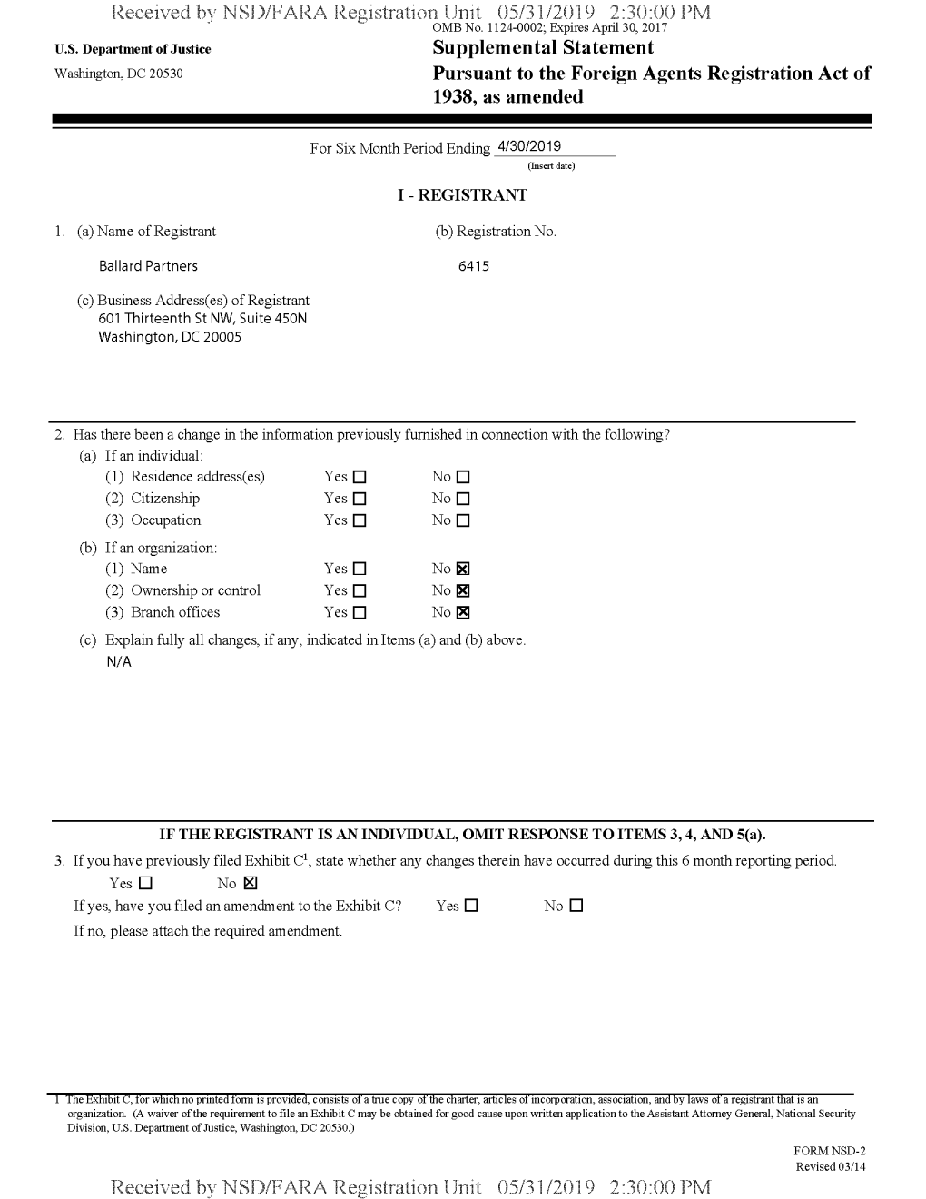 Received Bv NSD/FARA Registration Unit 05/31/2019 2:30:00 PM Ombno