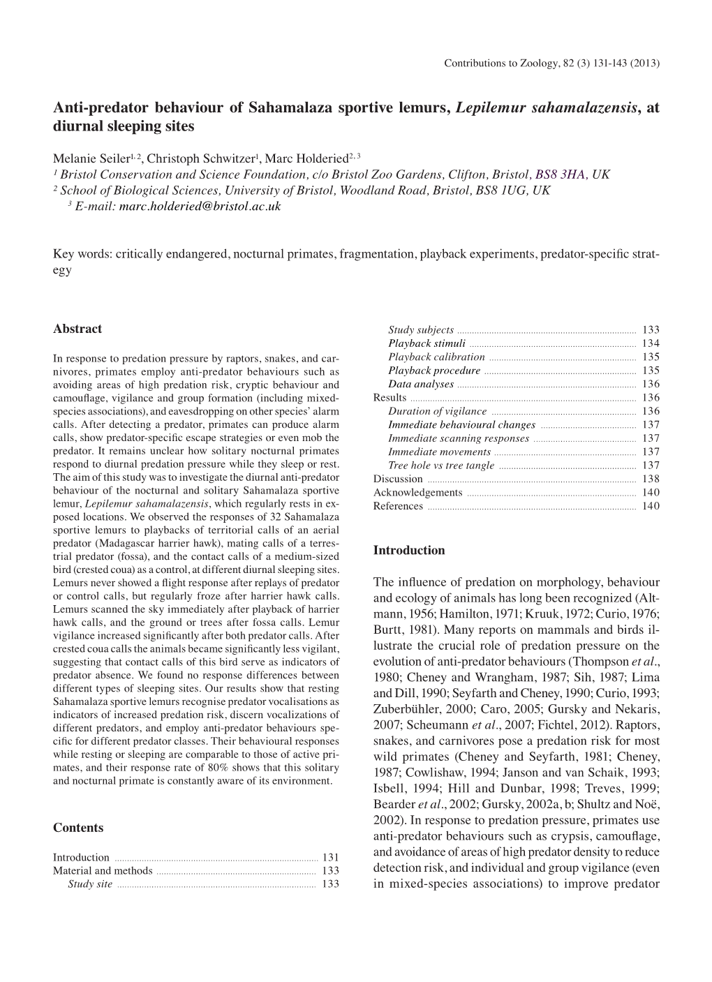 Anti-Predator Behaviour of Sahamalaza Sportive Lemurs, Lepilemur Sahamalazensis, at Diurnal Sleeping Sites