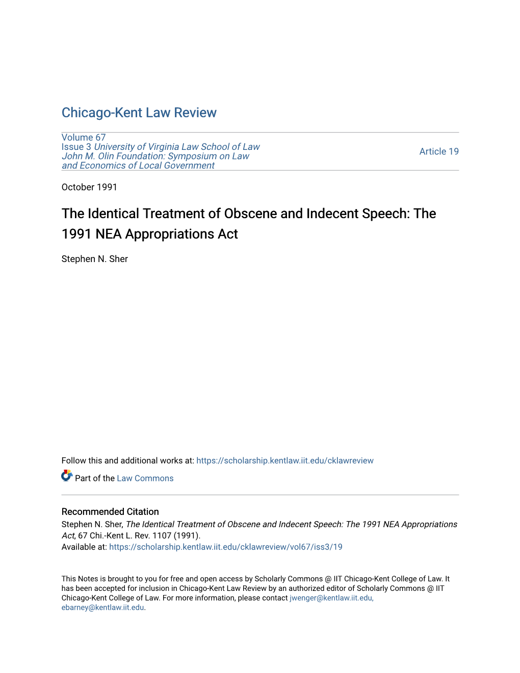 The Identical Treatment of Obscene and Indecent Speech: the 1991 NEA Appropriations Act