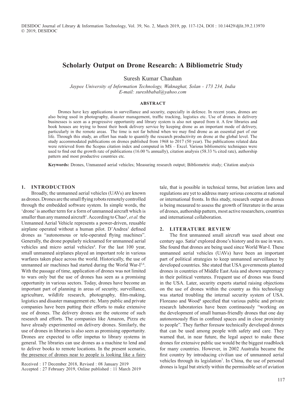 Scholarly Output on Drone Research: a Bibliometric Study
