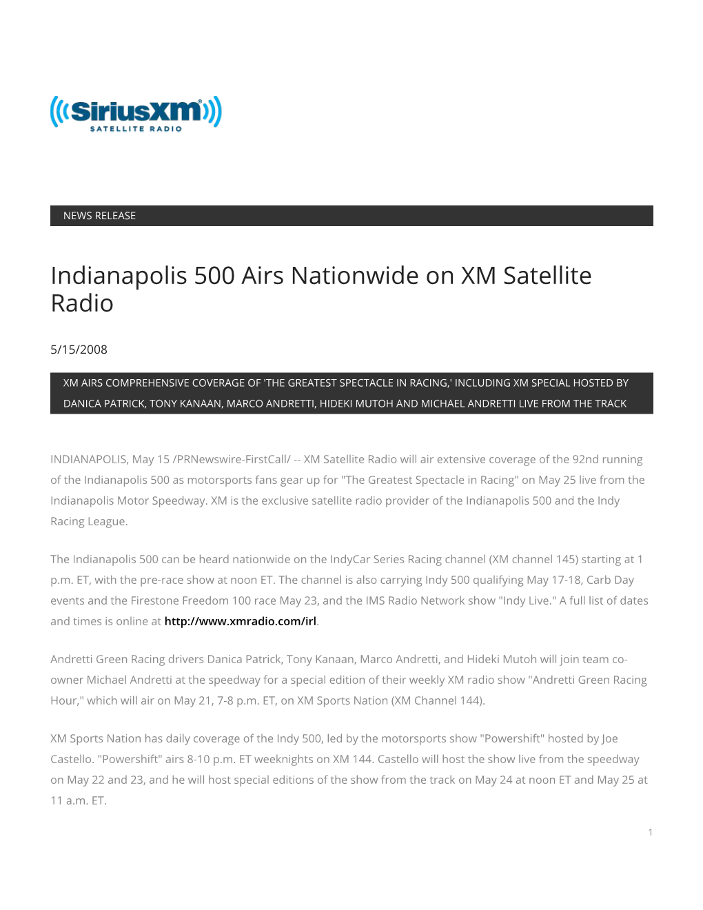 Indianapolis 500 Airs Nationwide on XM Satellite Radio