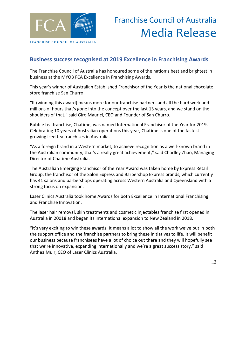 Media Release 2019 Awards Recognise Outstanding Performance