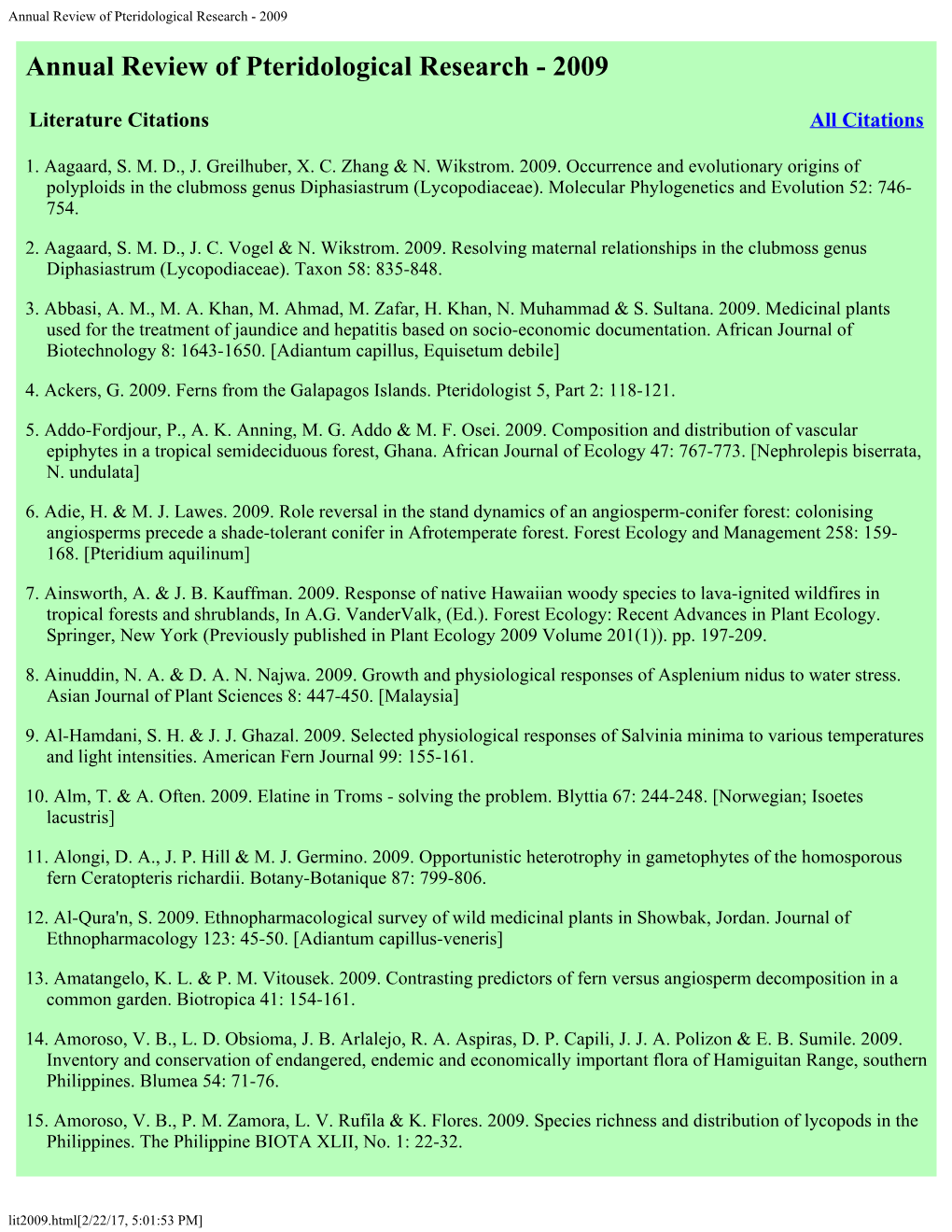 Annual Review of Pteridological Research - 2009