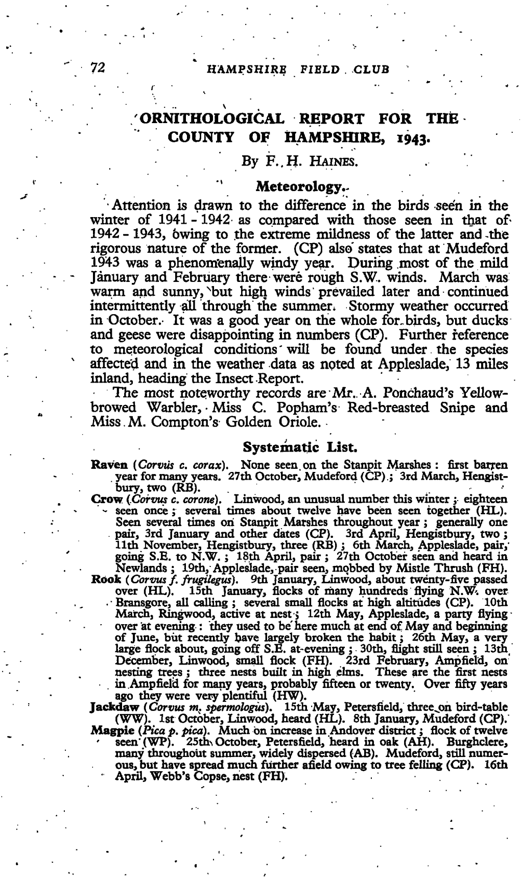 Ornithological Report for the County of Hampshire, 1943