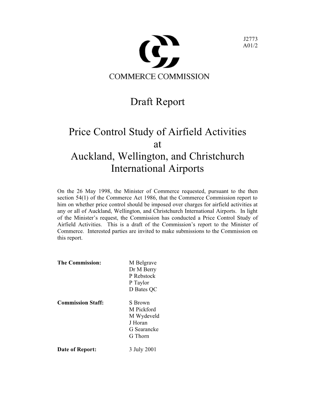 Draft Report Price Control Study of Airfield Activities at Auckland