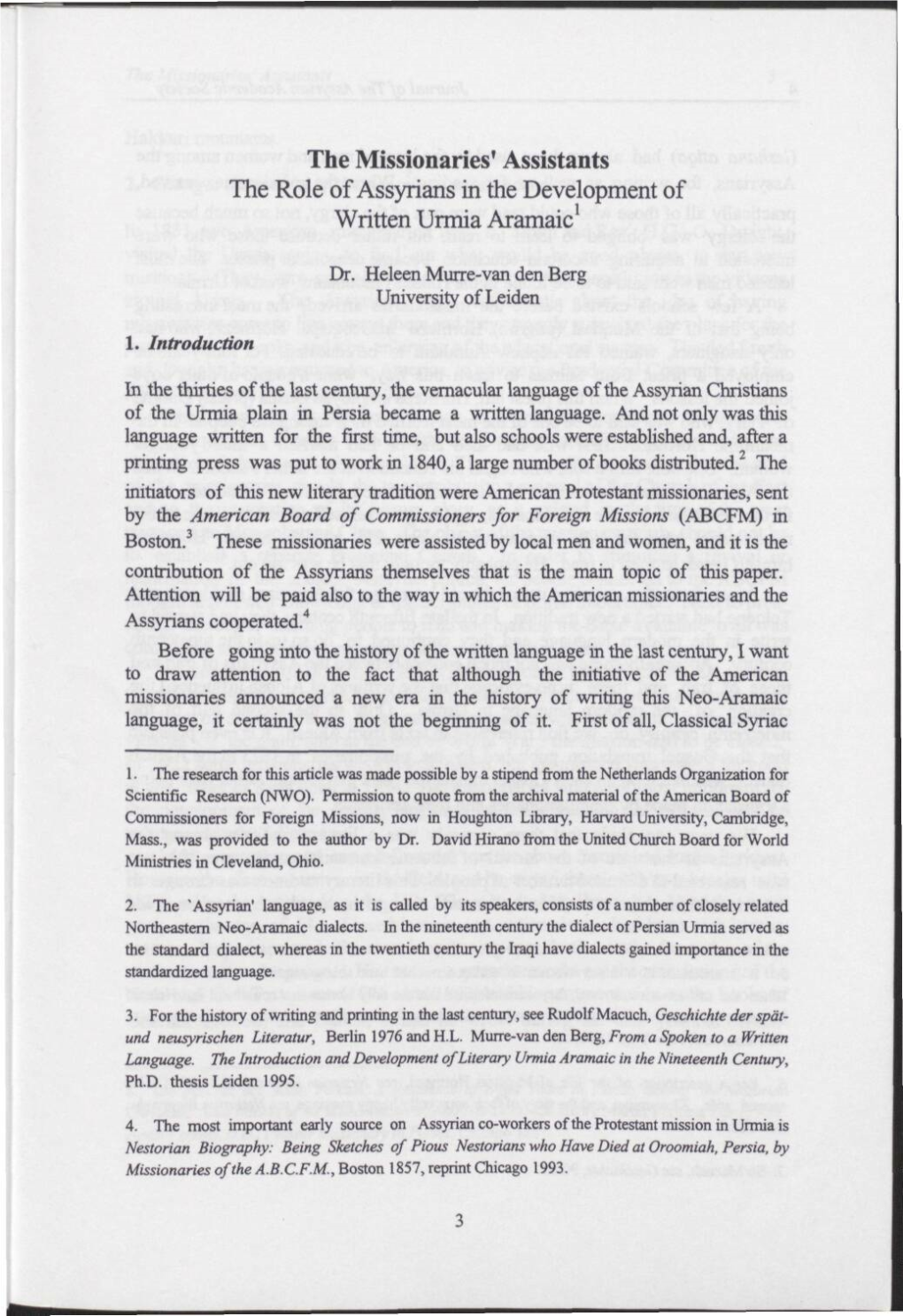 The Missionaries' Assistants the Role of Assyrians in the Development of Written Urmia Aramaic1