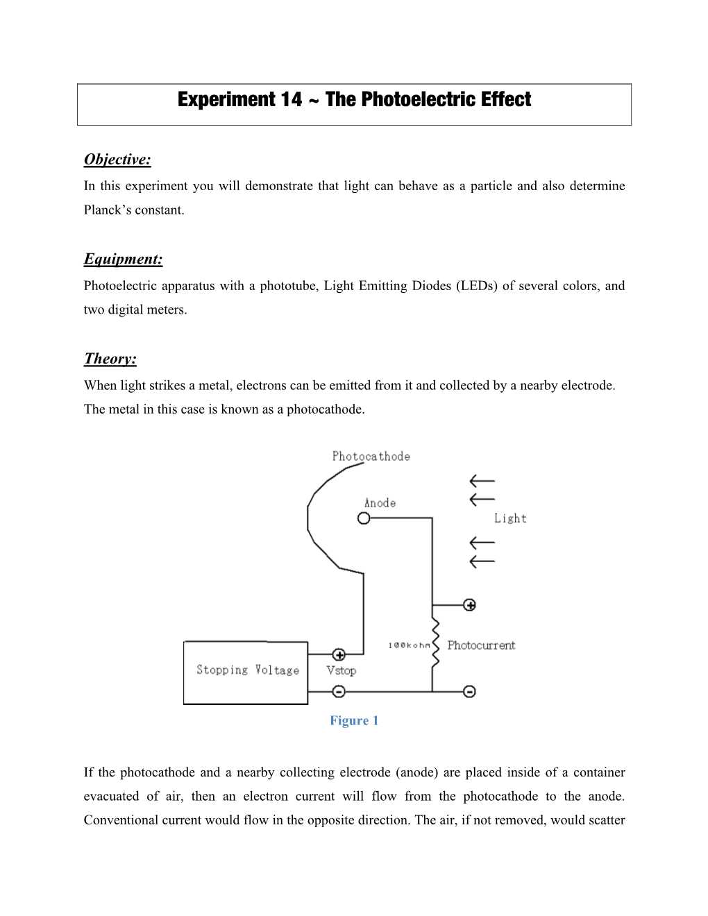 Experiment 14 ~ the Photoelectric Effect