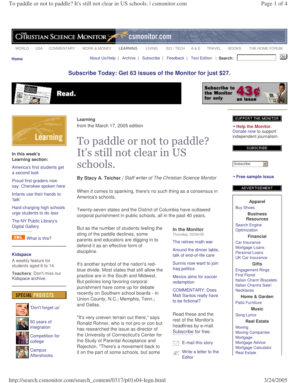 To Paddle Or Not to Paddle? It's Still Not Clear in US Schools. | Csmonitor.Com Page 1 of 4