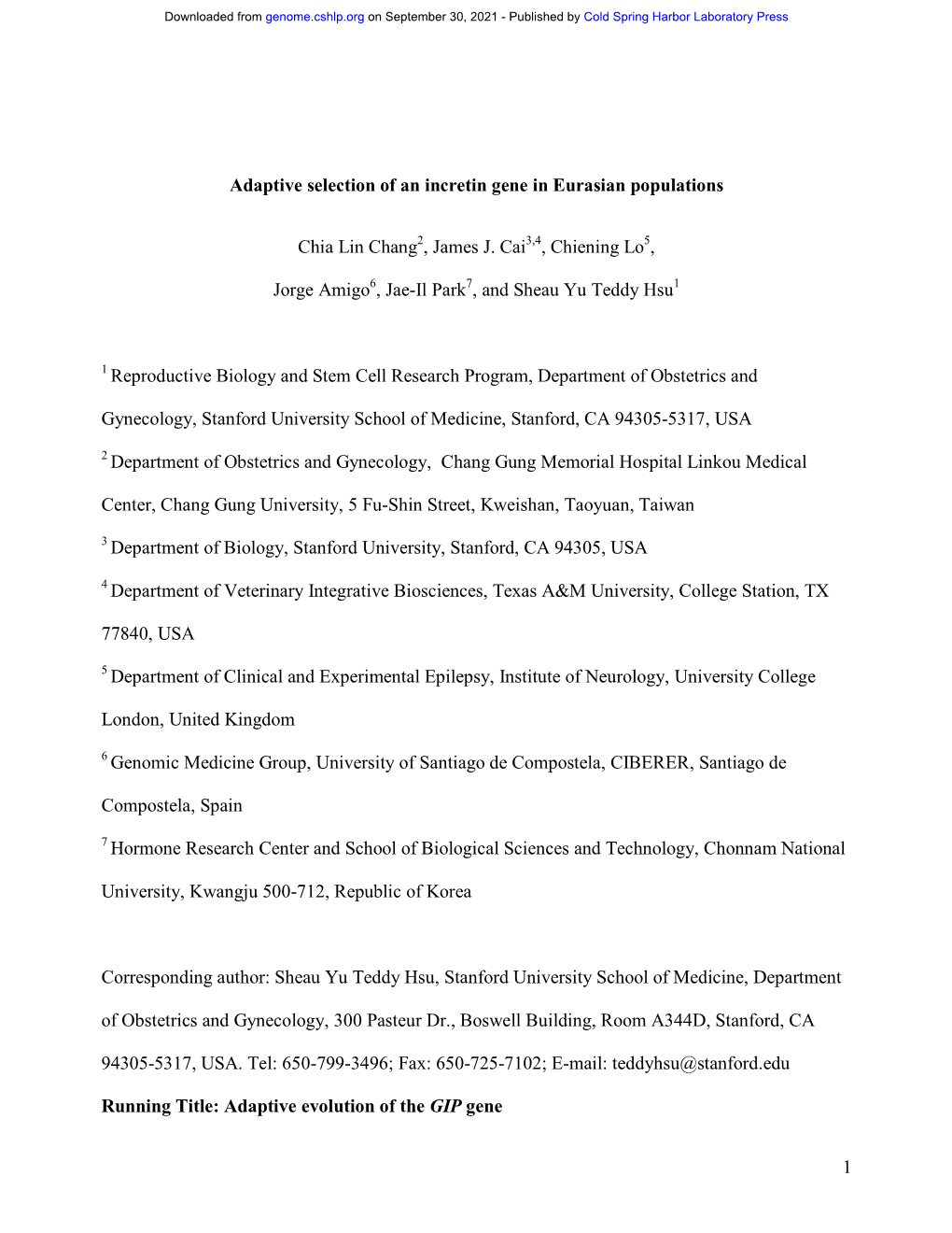 1 Adaptive Selection of an Incretin Gene in Eurasian Populations Chia