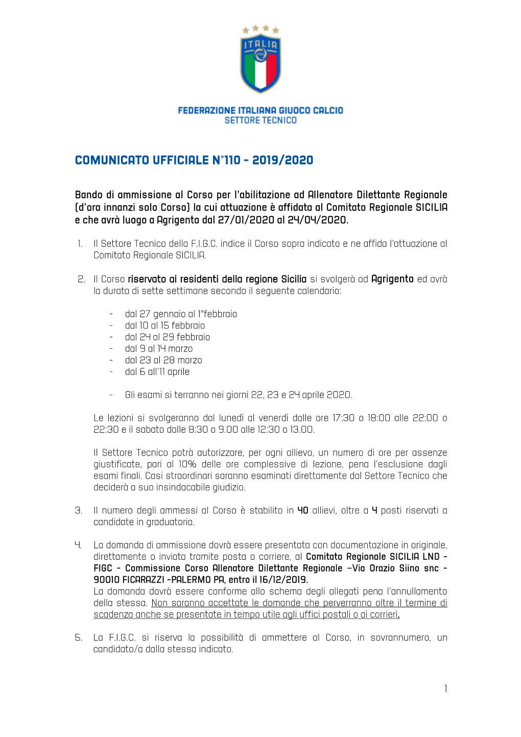 Comunicato Ufficiale N°110 - 2019/2020