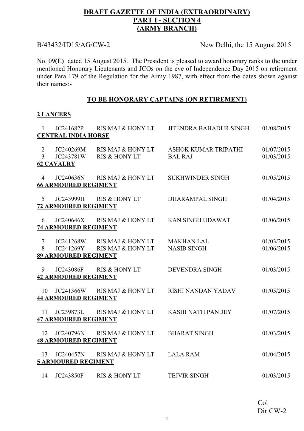 Col Dir CW-2 DRAFT GAZETTE of INDIA