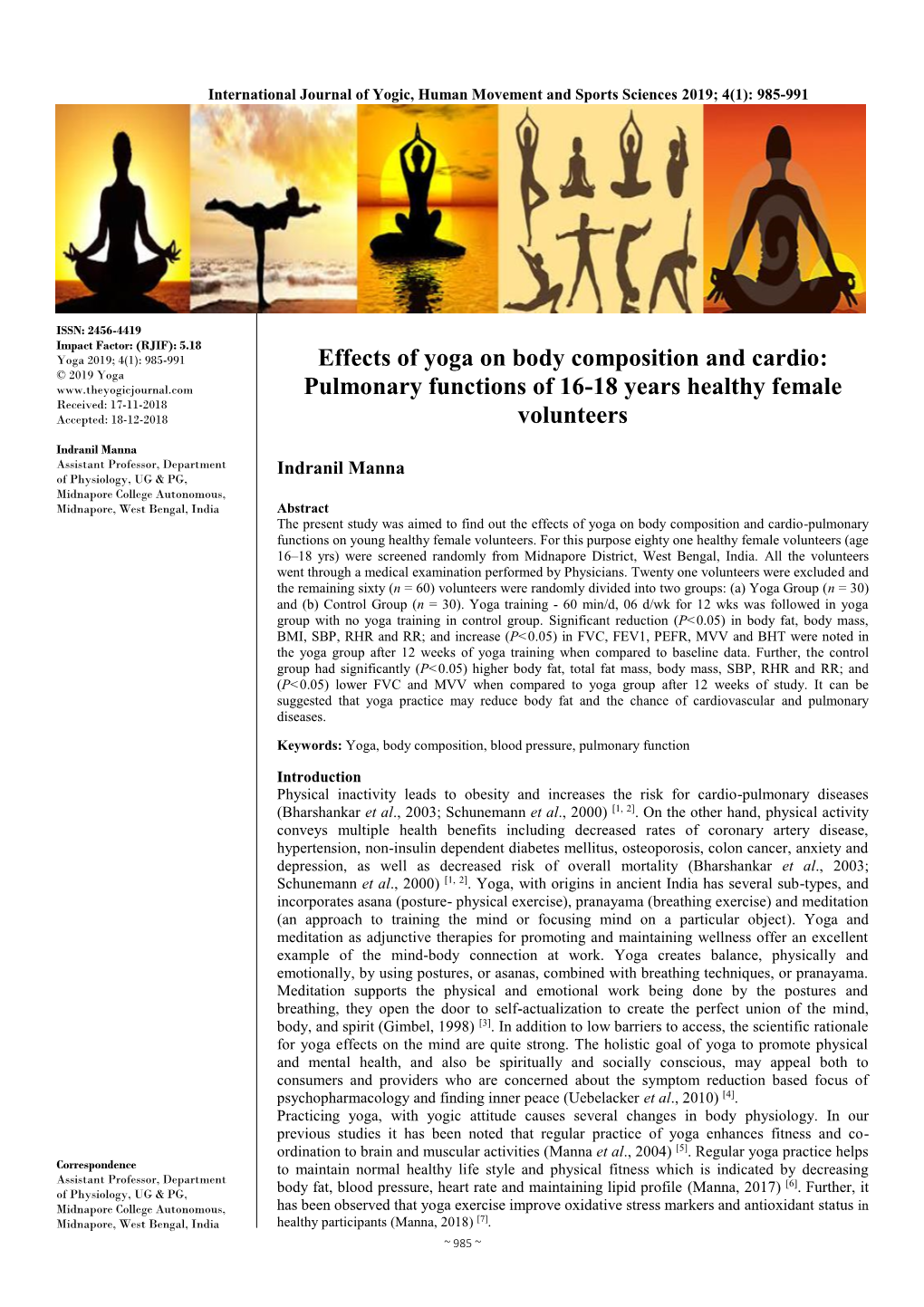 Effects of Yoga on Body Composition and Cardio: Pulmonary Functions Of