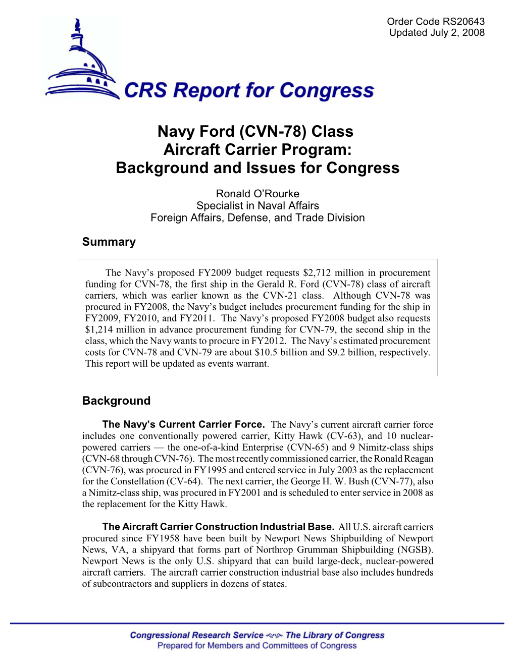 Aircraft Carrier Program: Background and Issues for Congress