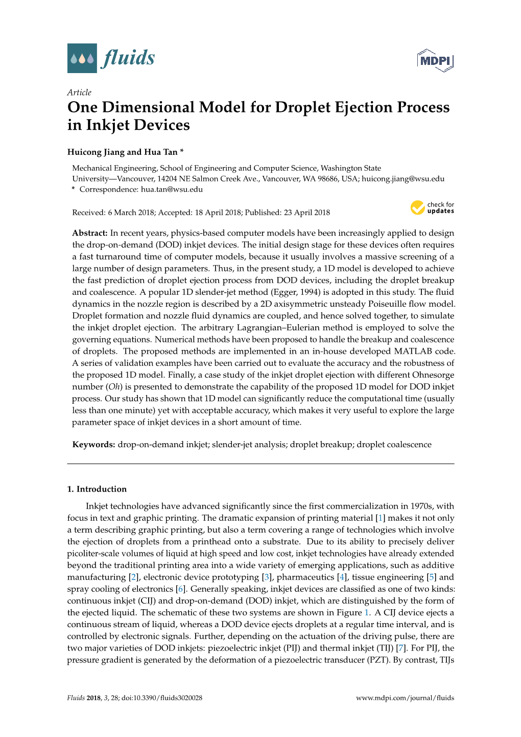 One Dimensional Model for Droplet Ejection Process in Inkjet Devices