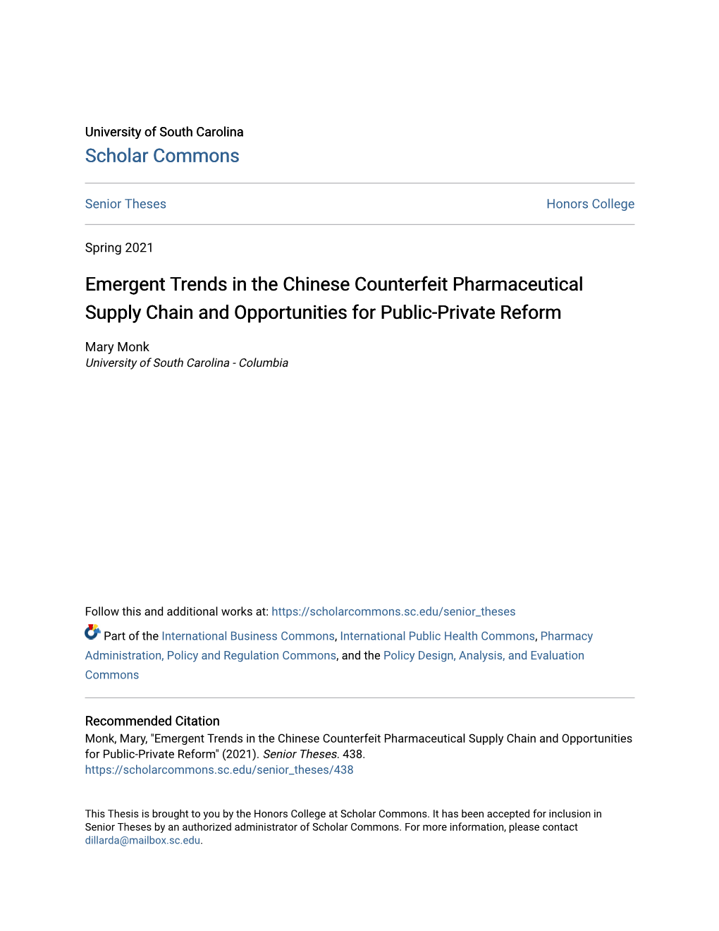 Emergent Trends in the Chinese Counterfeit Pharmaceutical Supply Chain and Opportunities for Public-Private Reform