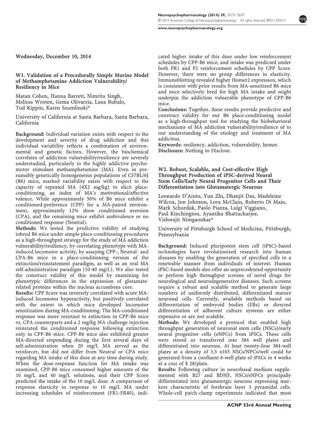 Poster Session Iiiwednesday, December 10, 2014