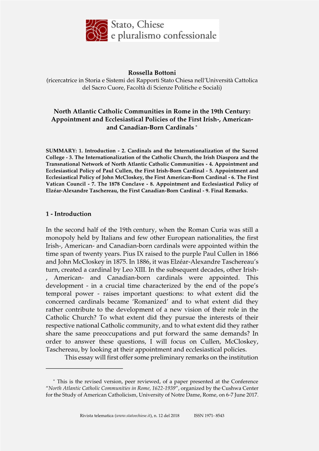 North Atlantic Catholic Communities in Rome in the 19Th Century: Appointment and Ecclesiastical Policies of the First Irish-, American- and Canadian-Born Cardinals 