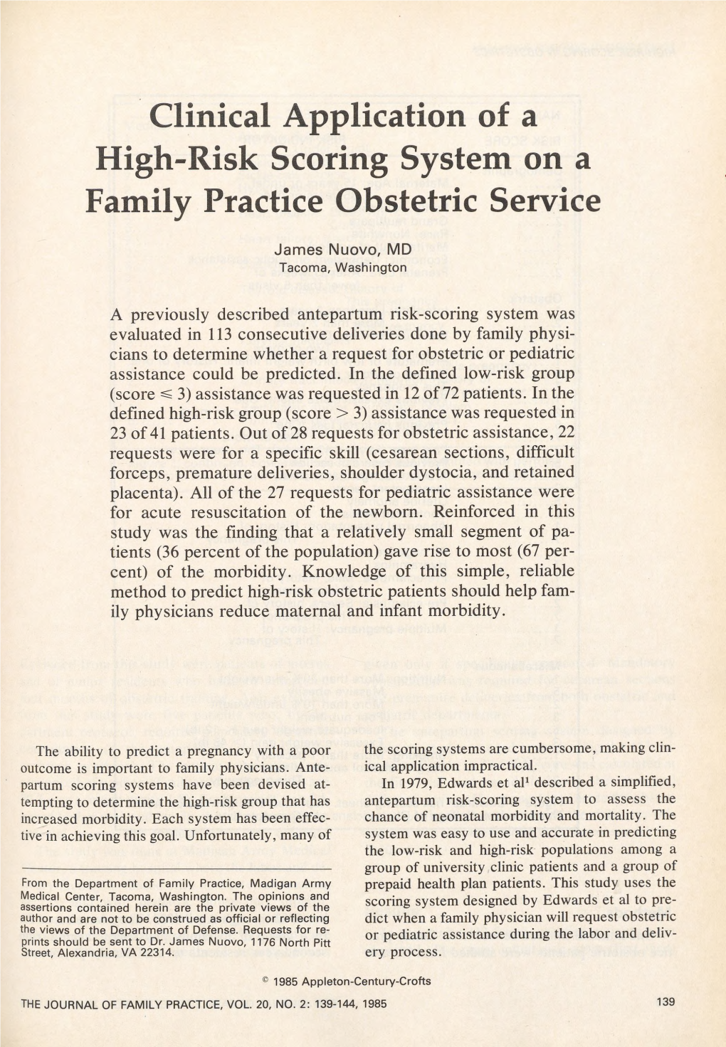 Clinical Application of a High-Risk Scoring System on a Family Practice Obstetric Service