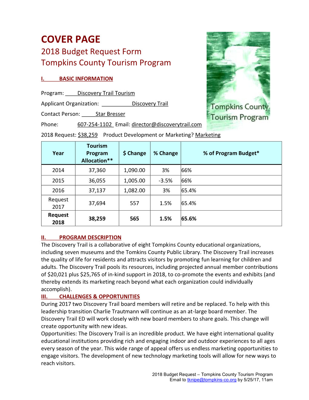 COVER PAGE 2018 Budget Request Form Tompkins County Tourism Program